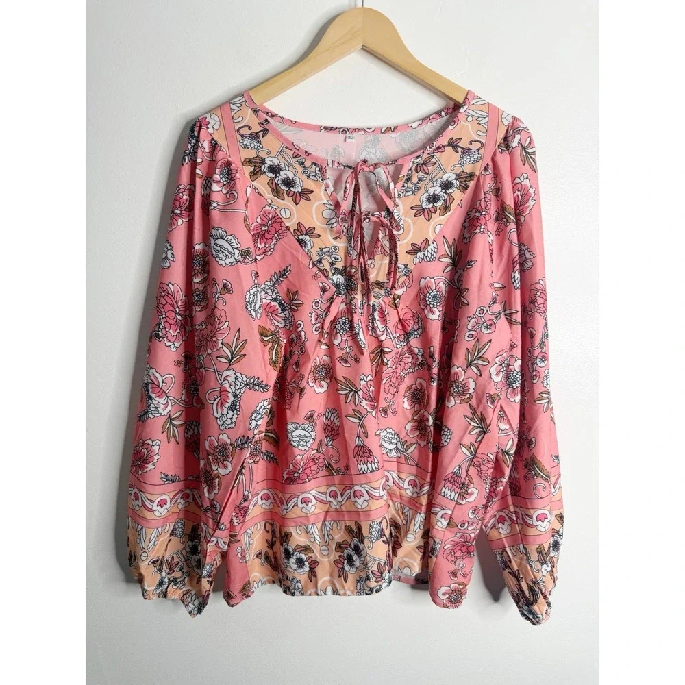 NEW Boho Floral Peasant Blouse Tie Neck Long Sleeve Coral Pink XL Flowy Spring - Picture 2 of 8